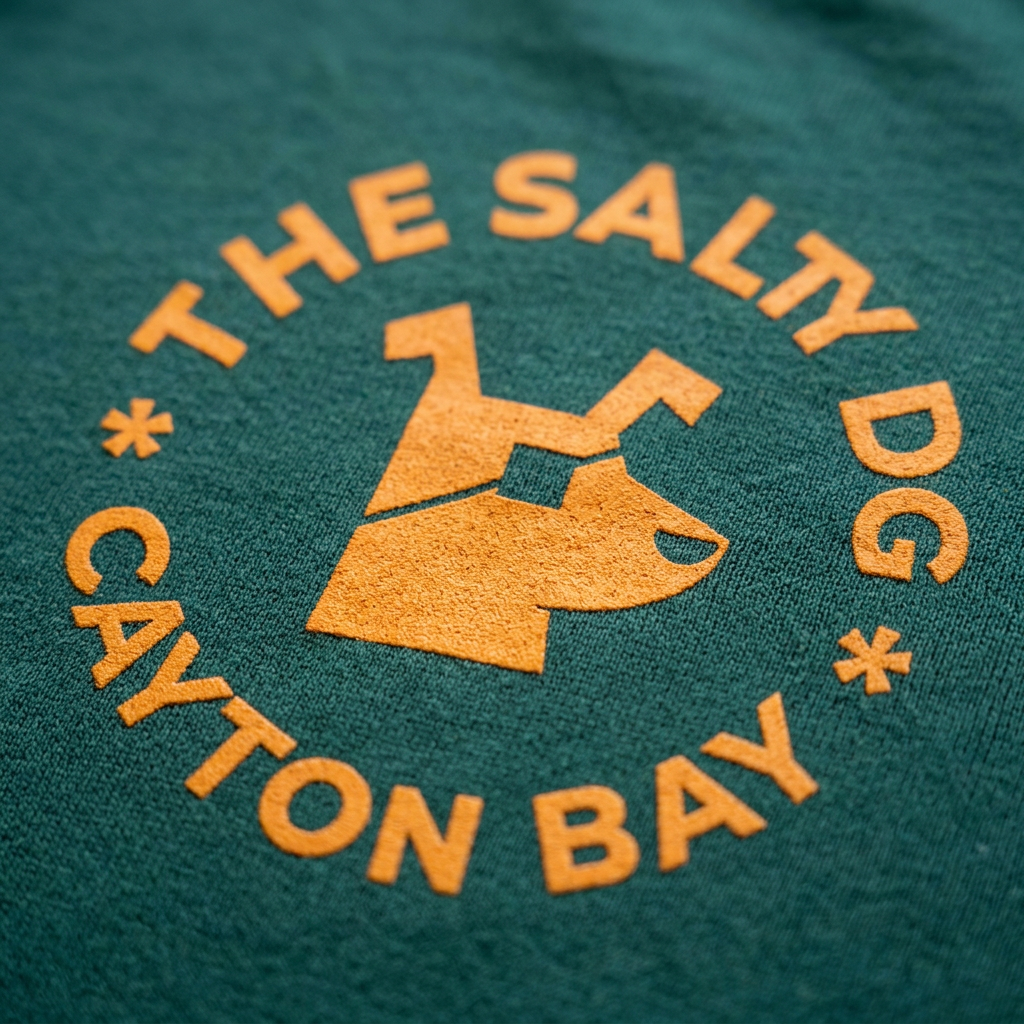 Close-up of the orange circular dog logo printed on green cotton